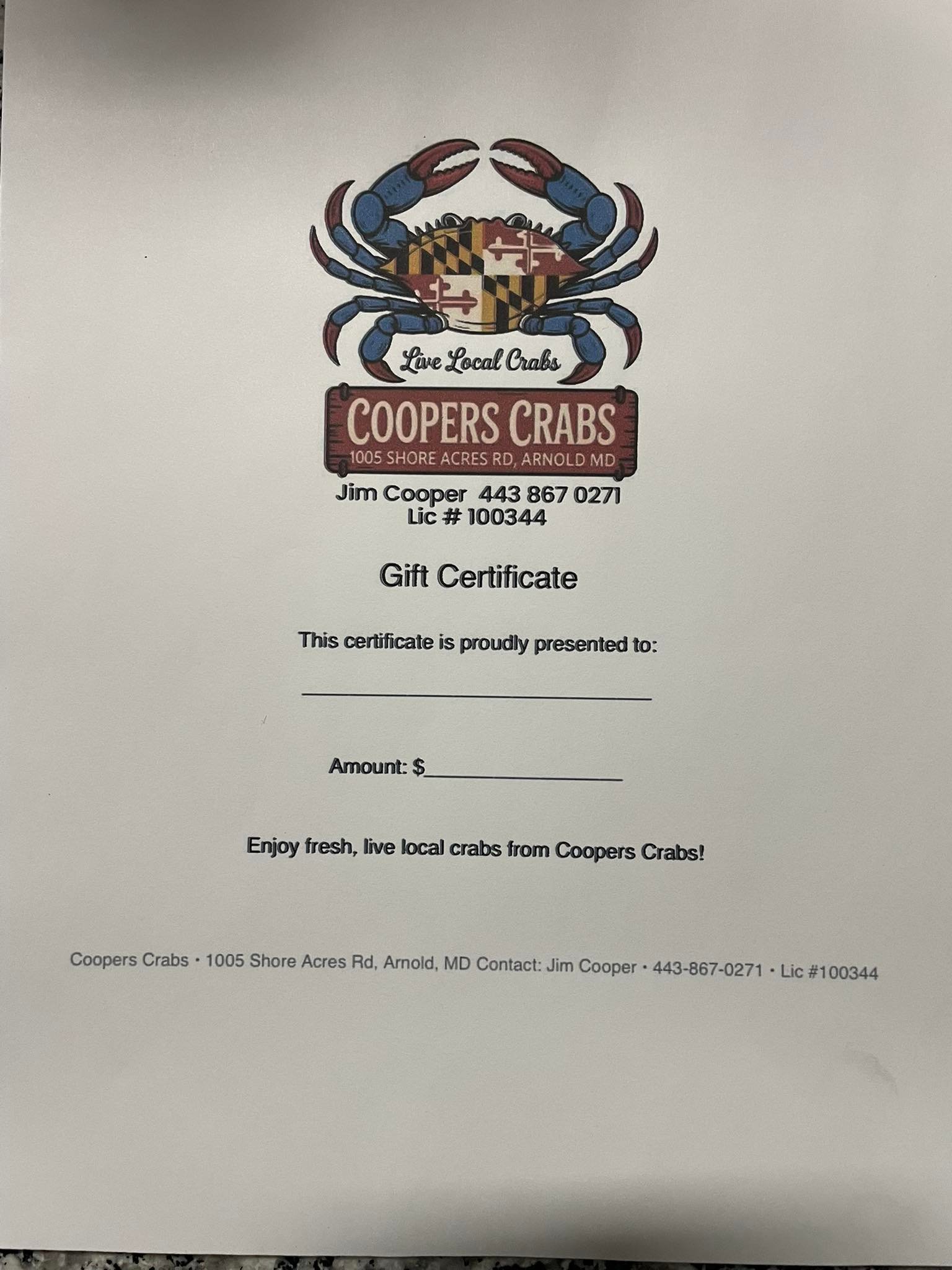 Cooper's Crabs Gift Certificates Available